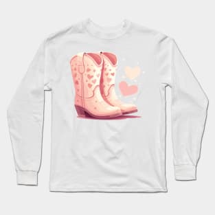 Blush Pink Cowgirl Boots With Hearts Long Sleeve T-Shirt